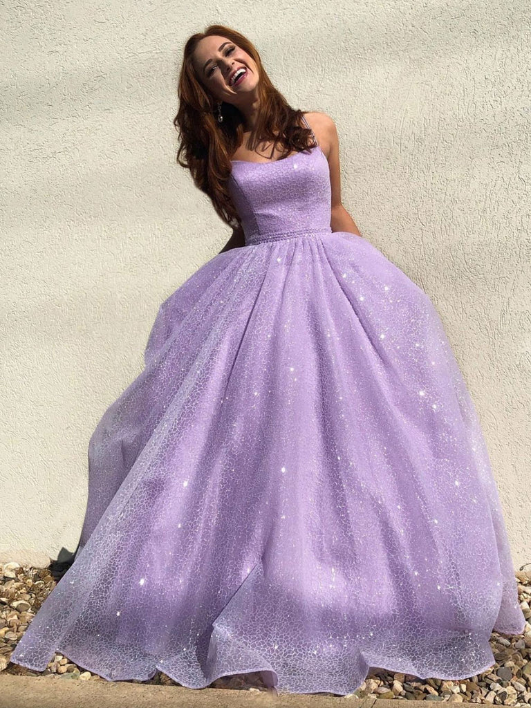Lilac Spaghetti Strap Sparkly Prom Dress Long, Shiny Long Evening Dress UQP0009