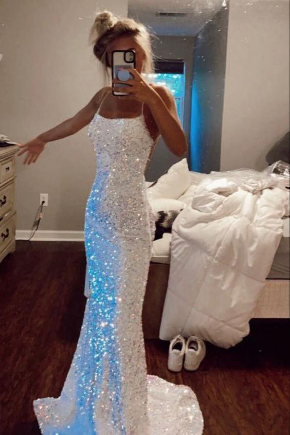 Shiny Spaghetti Straps Mermaid White Sequin Prom Evening Dress Gown fo Uniquedresss Shiny Spaghetti Straps Mermaid White Sequin Prom Evening Dress Gown fo Uniquedresss