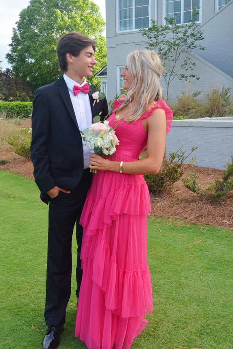 Modest Straps Pink Long Prom Dresses A-line Tulle Tiered Floor Length Uniquedresss Modest Straps Pink Long Prom Dresses A-line Tulle Tiered Floor Length Uniquedresss