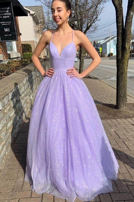 Lilac Glitter Floor Length Spaghetti Straps Sleeveless Prom Dress