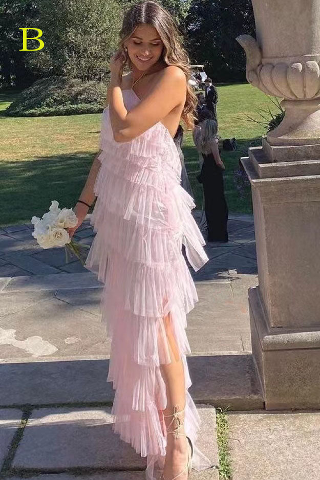 zara pink ruffle tulle dress New Style Halter Ruffles Tulle Prom Dress with Slit, Charming Long Par –  Uniquedresss