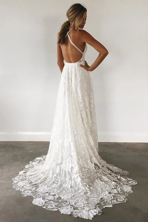 Ivory Spaghetti Strap Lace Open Back Side Split Long Beach Wedding Dresses UQW0031