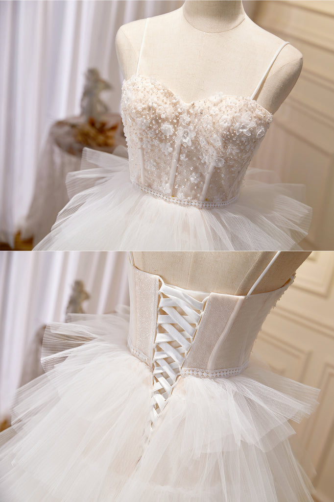 A Line Spaghetti Straps Tiered Ivory Tulle Wedding Dress with 3D Flowers UQW0075
