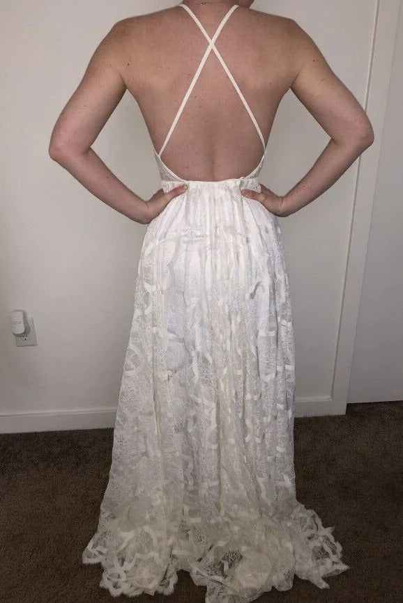 Simple A Line Sleeveless Lace Beach Wedding Dress Backless Bridal Gown UQW0079