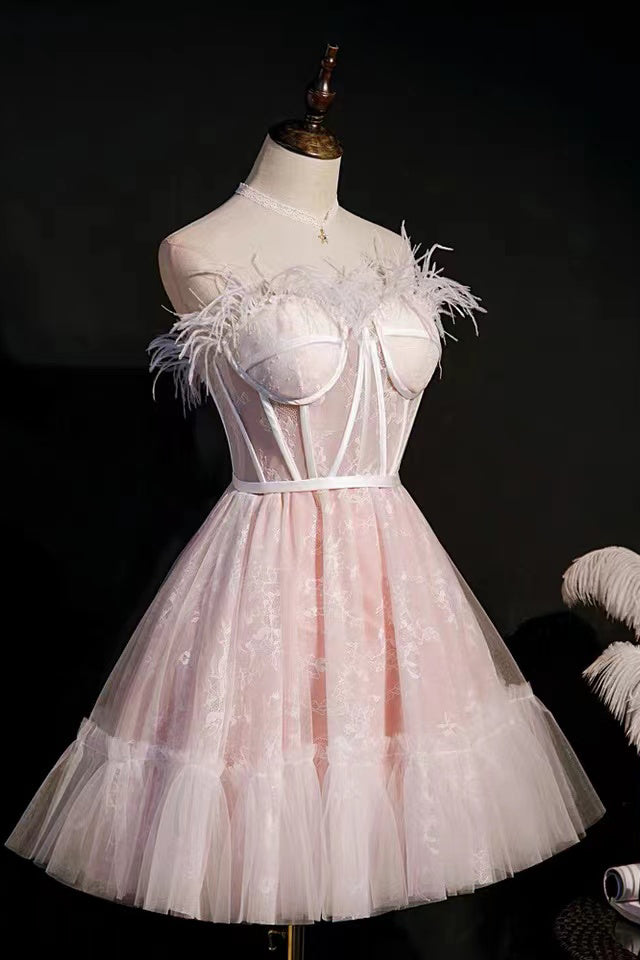 A-Line Pink Sweetheart Tulle Short Prom Dress Homecoming Dress With Feather UQH0079
