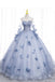 Blue Long Sleeves Tulle Prom Dress with Flowers, Puffy Off the Shoulder Quinceanera Dress UQP0192