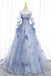 Blue Long Sleeves Tulle Prom Dress with Flowers, Puffy Off the Shoulder Quinceanera Dress UQP0192