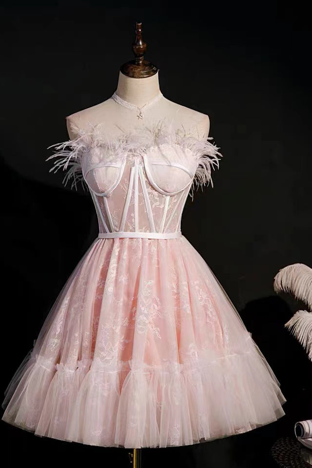 A-Line Pink Sweetheart Tulle Short Prom Dress Homecoming Dress With Feather UQH0079
