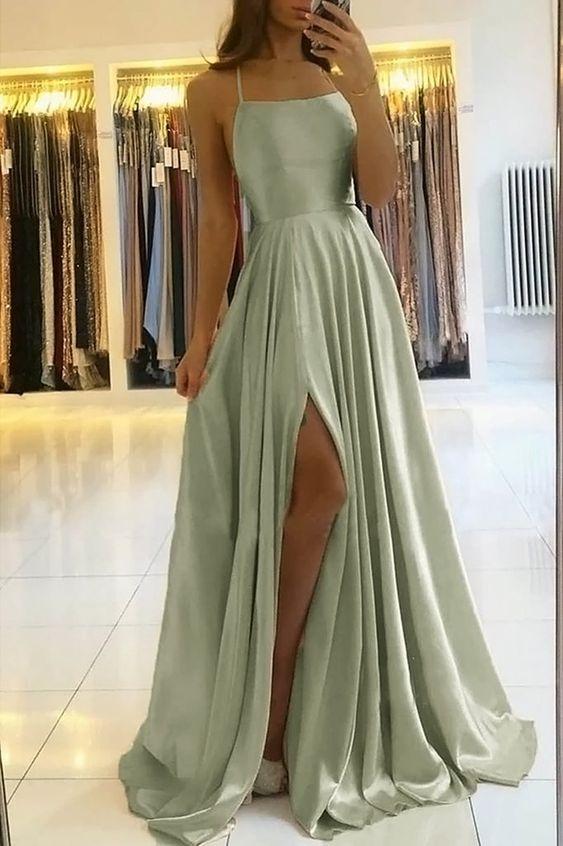 Simple A Line Sage Green Long Prom Dress With Slit Spaghetti Straps Ev Uniquedresss Simple A Line Sage Green Long Prom Dress With Slit Spaghetti Straps Ev Uniquedresss