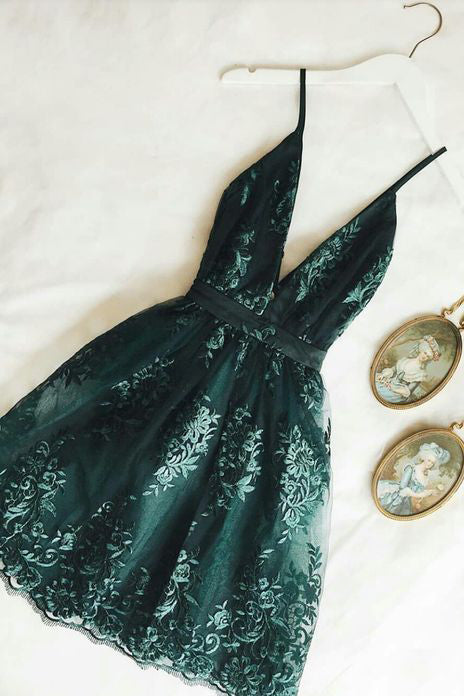Dark Green Spaghetti Straps V Neck Short Homecoming Dresses UQH0044 Uniquedresss Dark Green Spaghetti Straps V Neck Short Homecoming Dresses UQH0044 Uniquedresss