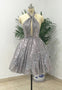 Silver Halter Sequined Backless Short Homecoming Dress, Sparkly Party Dress UQH0074