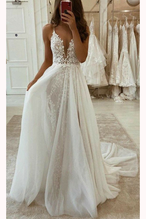 A-line Vintage Modest Wedding Dresses, Long Split Prom Dresses UQW0009