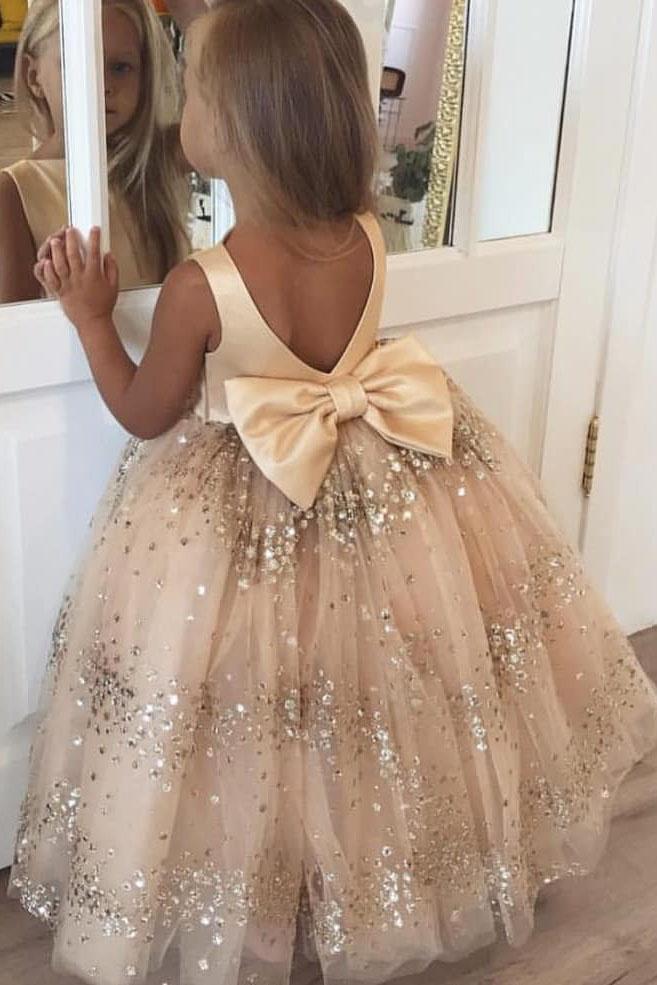 Lovely Cute Flower Girl Dresses with Bow on the Back, Puffy Backless L –  Uniquedresss