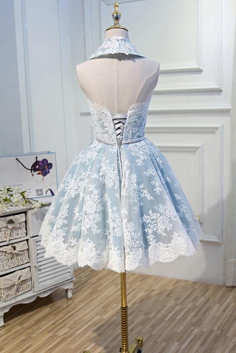 Light Sky Blue Halter Homecoming Dress with Lace Appliques, Cute Short –  Uniquedresss