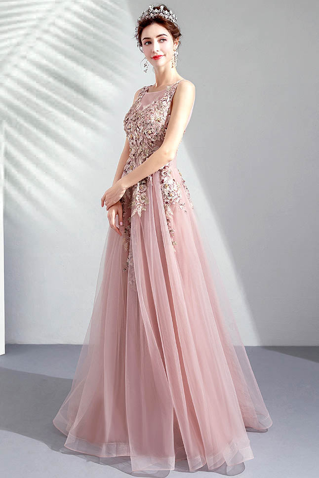 Pink Embroidery Beaded Tulle Long Prom Gown with Rhinestone, Party Dress UQP0069