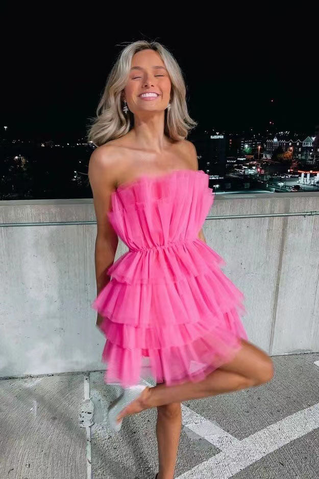 Hot Pink Strapless Tiered Short Homecoming Dress, A Line Sweet 16