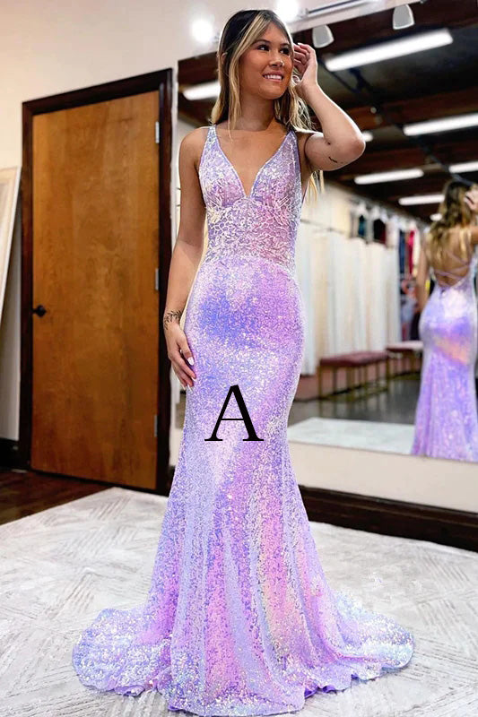 Lavender V Neck Mermaid Prom Dress, Sparkly Sequined Long Evening Gown Uniquedresss Lavender V Neck Mermaid Prom Dress, Sparkly Sequined Long Evening Gown Uniquedresss