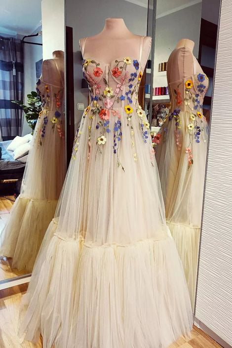 Spaghetti Straps Tulle Floor Length Long Prom Dress with Flowers, Even Uniquedresss Spaghetti Straps Tulle Floor Length Long Prom Dress with Flowers, Even Uniquedresss