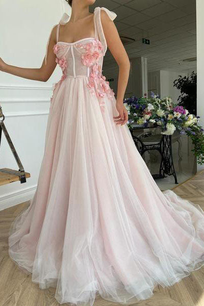 Light Pink Straps A Line Tulle Long Prom Dress with Flowers, Long Form Uniquedresss Light Pink Straps A Line Tulle Long Prom Dress with Flowers, Long Form Uniquedresss