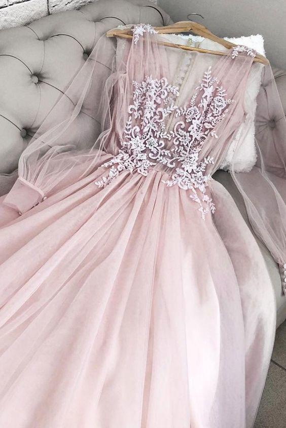 Floor Length Long Sheer Sleeves V Neck Prom Dress with Lace Appliques   Uniquedresss