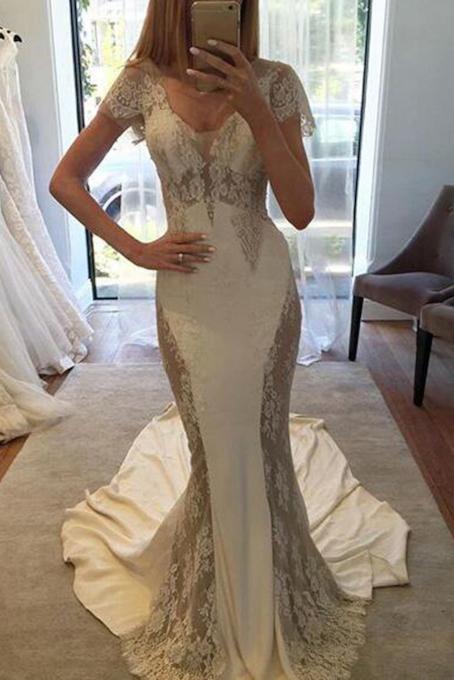 Mermaid Beach Wedding Dress with Short Sleeves, Long Bridal Dress with Lace UQ1763