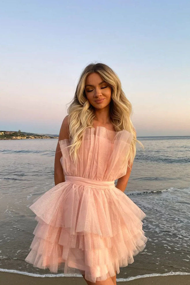 open lace back dress Light Pink V-neckline Lace Applique High Low Party Dress, Pink Tulle S –  Cutedressy main image 1