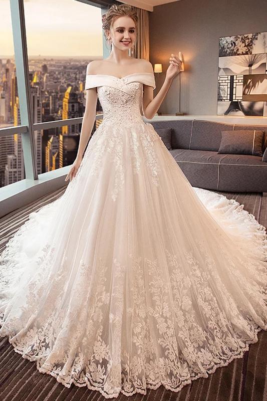 Gorgeous Off the Shoulder Lace Long Train Wedding Dresses, Princess Br Uniquedresss Gorgeous Off the Shoulder Lace Long Train Wedding Dresses, Princess Br Uniquedresss