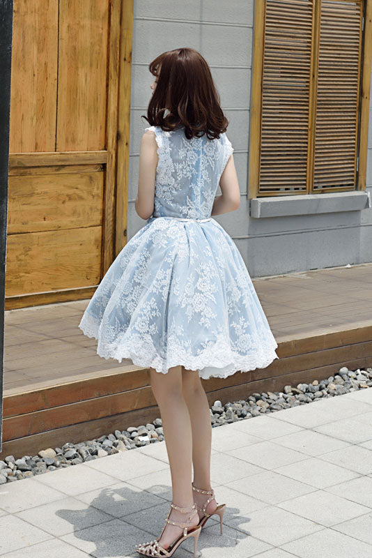 Light Sky Blue Halter Homecoming Dress with Lace Appliques, Cute Short –  Uniquedresss