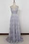 Spaghetti Straps Long Lace Prom Gown, A Line V Neck Sleeveless Formal Dresses UQ1701