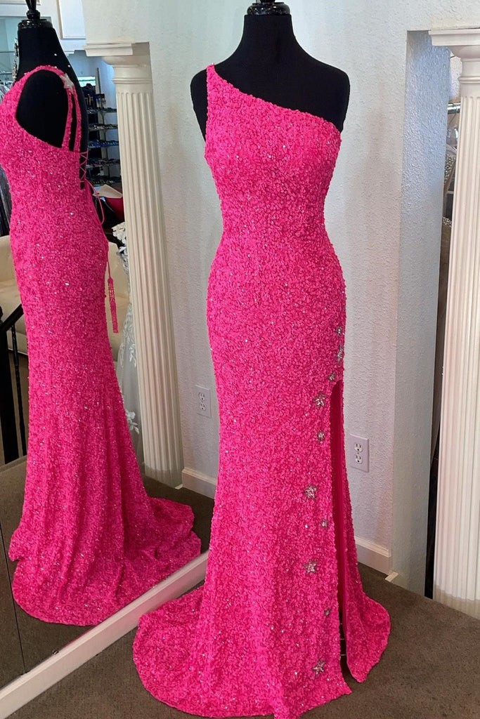 Sparkly Mermaid One Shoulder Sequins Long Prom Dress with Slit Party Gown UQP0197