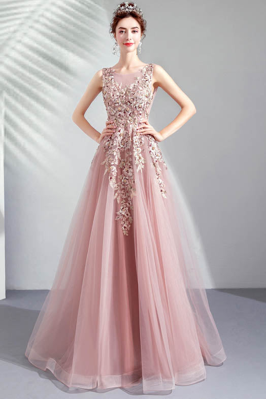 Pink Embroidery Beaded Tulle Long Prom Gown with Rhinestone, Party Dress UQP0069