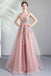 Pink Embroidery Beaded Tulle Long Prom Gown with Rhinestone, Party Dress UQP0069
