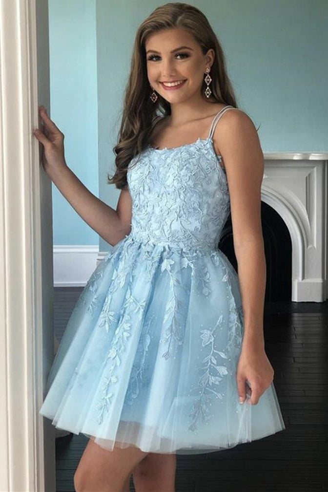 Light Blue Tulle Homecoming Dress with Lace Appliques, Spaghetti Strap Uniquedresss Light Blue Tulle Homecoming Dress with Lace Appliques, Spaghetti Strap Uniquedresss