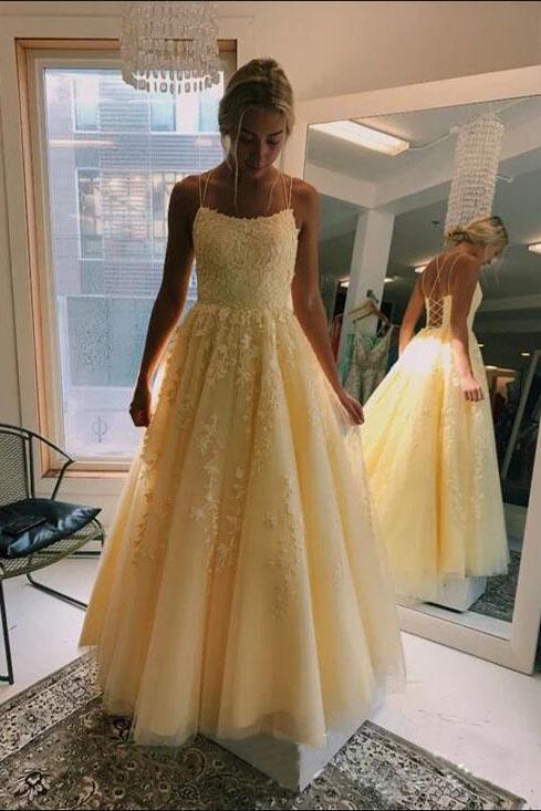 Yellow Puffy Spaghetti Straps Floor Length Prom Dress with