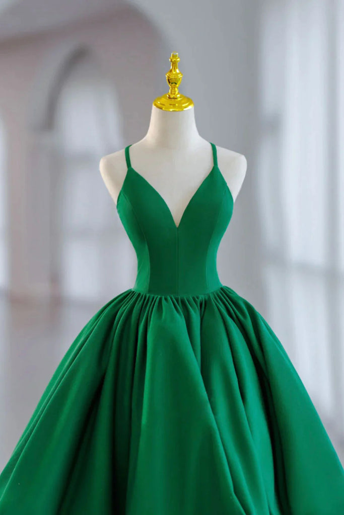 Green Satin Tea-Length Straps Prom Dress, Spaghetti Straps Homecoming Gown UQH0149