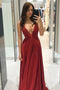 Red Spaghetti Straps V-neck Long Prom Dress, Shiny A Line Party Gown UQP0224