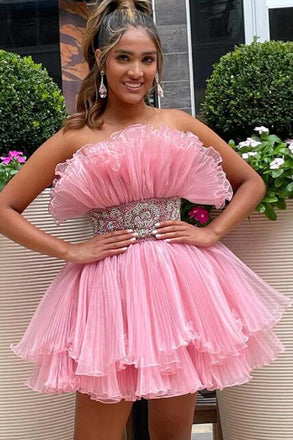Strapless Organza Pleated Homecoming Dress, Short Prom Dress UQH0211