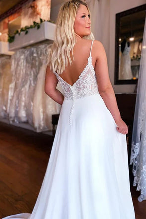 A-Line Chiffon and Lace V Neck Beach Wedding Dresses, Bridal Gowns UQW0100