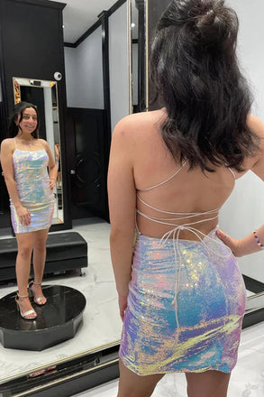 Sparkly Short/Mini Spaghetti Straps Tight Prom Dresses, Homecoming Dresses UQH0176