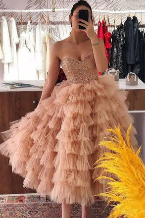 Shiny A-Line Sweetheart Tulle Tea Length Princess Prom Dress UQP0229