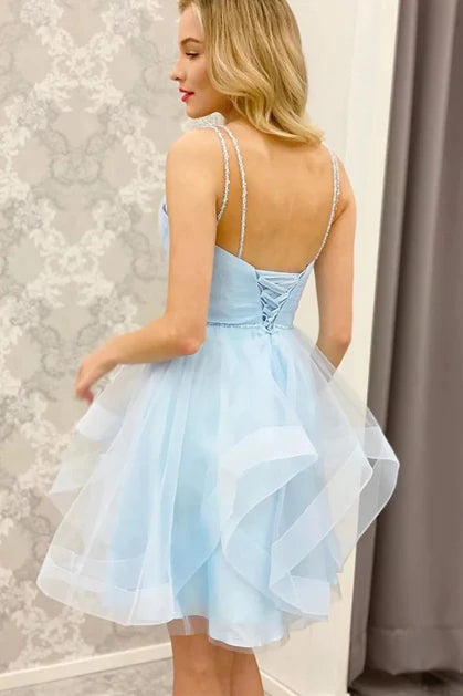 Light Blue Spaghetti Straps V Neck Tulle Prom Dresses Homecoming Dresses UQH0172