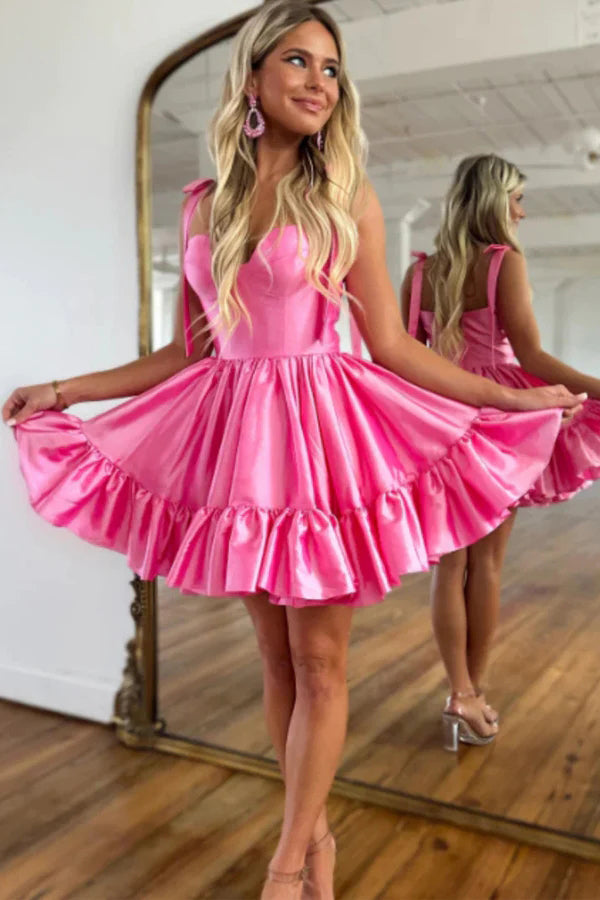 Pink Ruffles Cute Sweetheart Homecoming Dresses, Short Prom Dress with Bowknot UQH0192