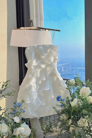 Short Spaghetti Straps Chiffon Party Dress, Homecoming Dress with Ruffles UQH0188