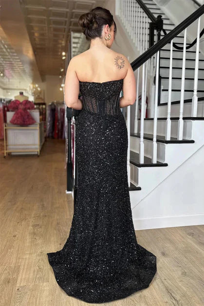 Shiny Black Sequins Strapless Long Prom Dresses With Slit UQP0230