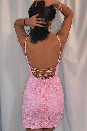 Glitter Bodycon Pink Sequins V-neck Short Prom Dresses, Homecoming Dress UQH0160