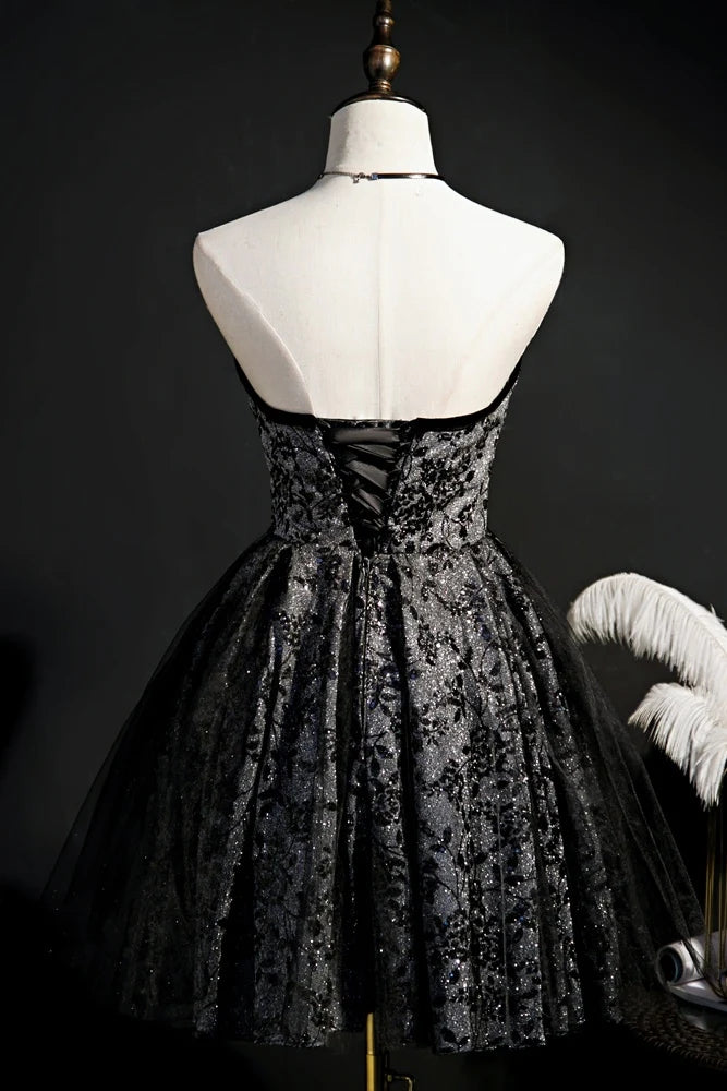 Black Strapless Lace Vintage Short Homecoming Dresses UQH0153