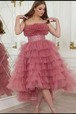 High-Low Strapless Tulle Tea Length Prom Dress, Charming Party Gown UQP0228