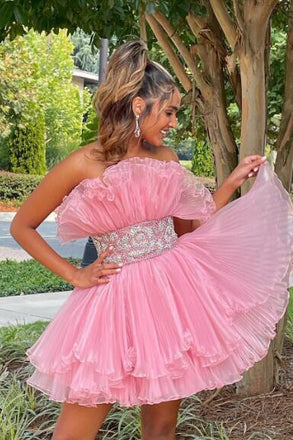 Strapless Organza Pleated Homecoming Dress, Short Prom Dress UQH0211