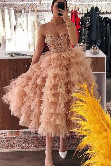 Shiny A-Line Sweetheart Tulle Tea Length Princess Prom Dress UQP0229
