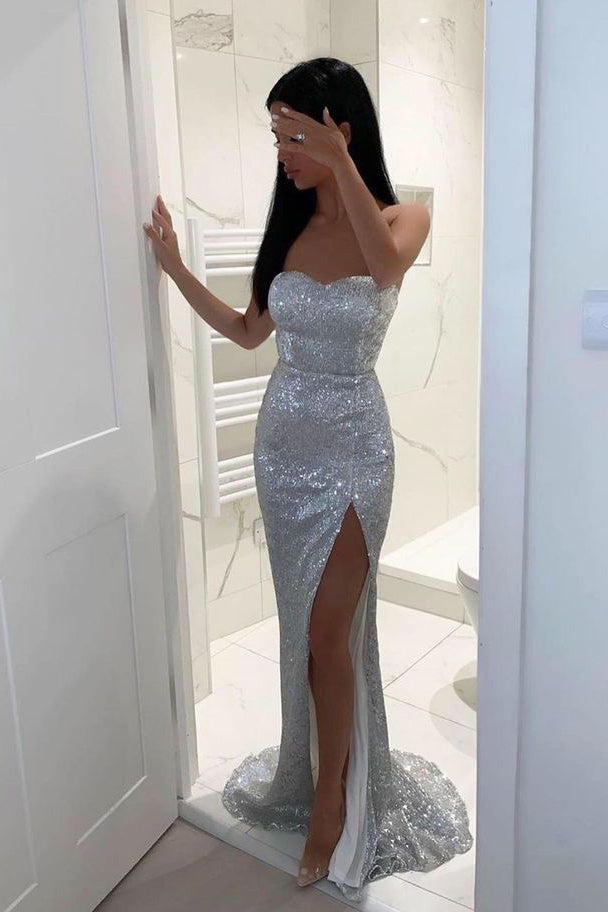 Shiny Silver Sequins Sweetheart Long Prom Dresses With Slit UQP0231